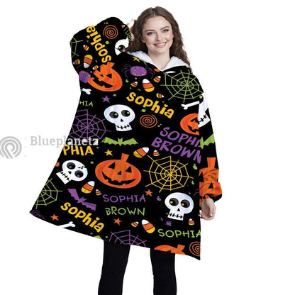 Personalized Wearable Hoodies Blanket, Custom Name Halloween Pattern Hoodie Blanket, Custom Halloween Oversized Blanket, Gift