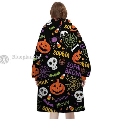 Personalized Wearable Hoodies Blanket, Custom Name Halloween Pattern Hoodie Blanket, Custom Halloween Oversized Blanket, Gift