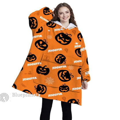 Custom Name Halloween Hoodies Blanket, Personalized Wearable Hoodie Blanket, Custom Jack O'Lantern Oversized Blanket
