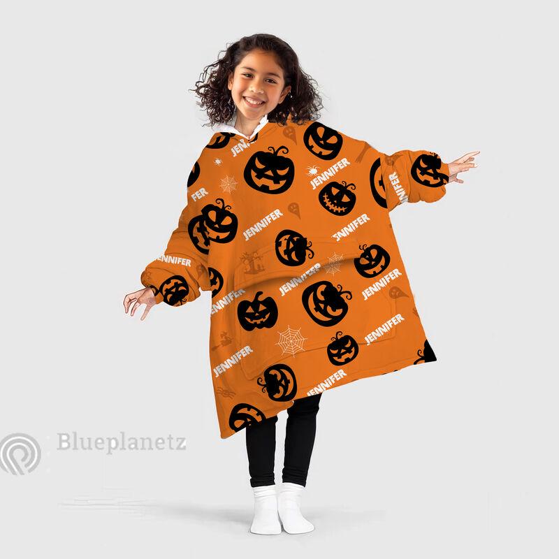 Custom Name Halloween Hoodies Blanket, Personalized Wearable Hoodie Blanket, Custom Jack O'Lantern Oversized Blanket