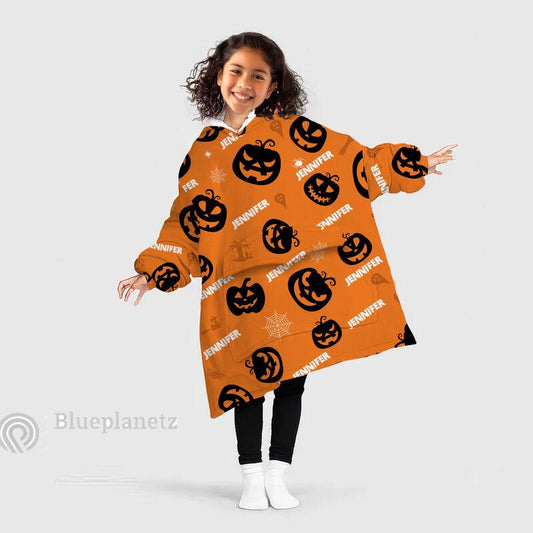 Custom Name Halloween Hoodies Blanket, Personalized Wearable Hoodie Blanket, Custom Jack O'Lantern Oversized Blanket