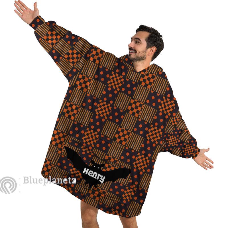 Personalized Wearable Hoodies Blanket, Custom Name Halloween Pattern Hoodie Blanket, Custom Halloween Bat Oversized Blanket, Gift