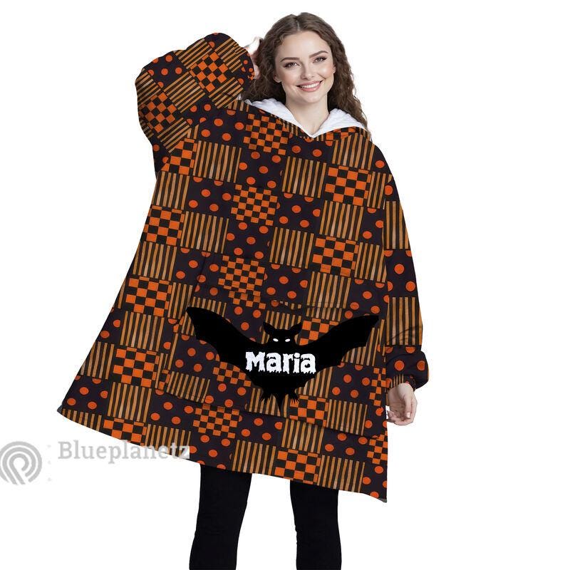 Personalized Wearable Hoodies Blanket, Custom Name Halloween Pattern Hoodie Blanket, Custom Halloween Bat Oversized Blanket, Gift