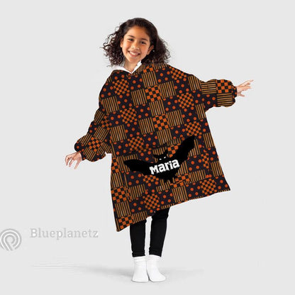 Personalized Wearable Hoodies Blanket, Custom Name Halloween Pattern Hoodie Blanket, Custom Halloween Bat Oversized Blanket, Gift