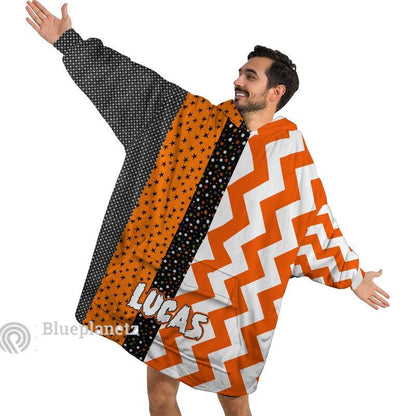 Custom Name Halloween Hoodies Blanket, Personalized Wearable Hoodie Blanket, Custom Halloween Pattern Oversized Blanket