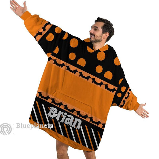 Personalized Wearable Hoodies Blanket, Custom Name Halloween Pattern Hoodie Blanket, Custom Happy Halloween Oversized Blanket, Gift