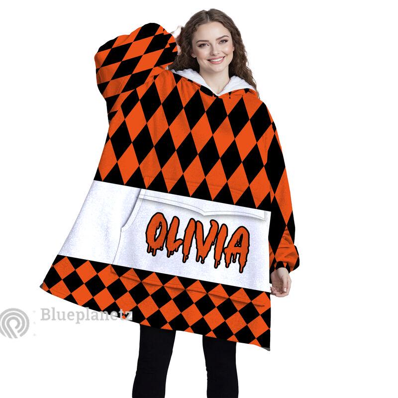 Personalized Wearable Hoodies Blanket, Custom Name Halloween Pattern Hoodie Blanket, Custom Happy Halloween Orange Oversized Blanket, Gift