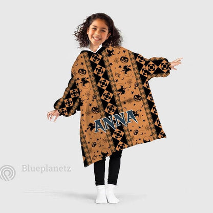 Personalized Wearable Hoodies Blanket, Custom Name Halloween Pattern Hoodie Blanket, Custom Witch Oversized Blanket, Gift