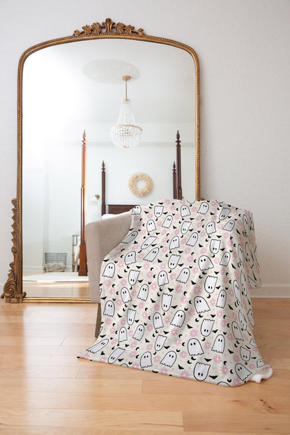 Soft Halloween Ghost Blanket, Halloween Home Decor or Gifts, Cute Spooky Soft Blanket, Cozy Fall Decor, Pink Ghost Throw, Hallowen Gift