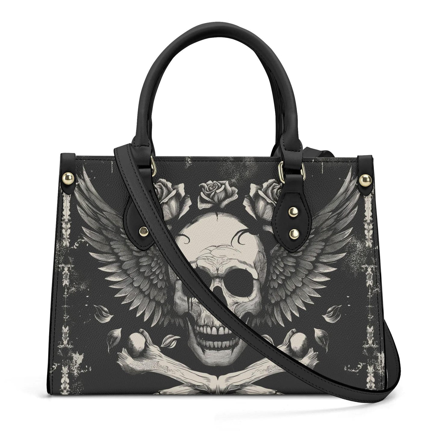 Bones and Skull Leather Tote Bag, Goth Wings Trendy Goth Handbag, Dark academia Vegan Leather Handbag Gift Black Purse, Whimsicore Handbag