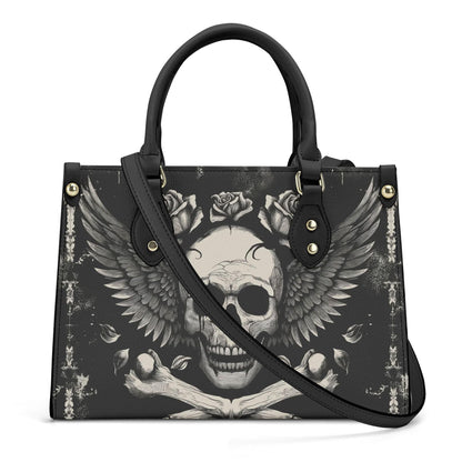 Bones and Skull Leather Tote Bag, Goth Wings Trendy Goth Handbag, Dark academia Vegan Leather Handbag Gift Black Purse, Whimsicore Handbag