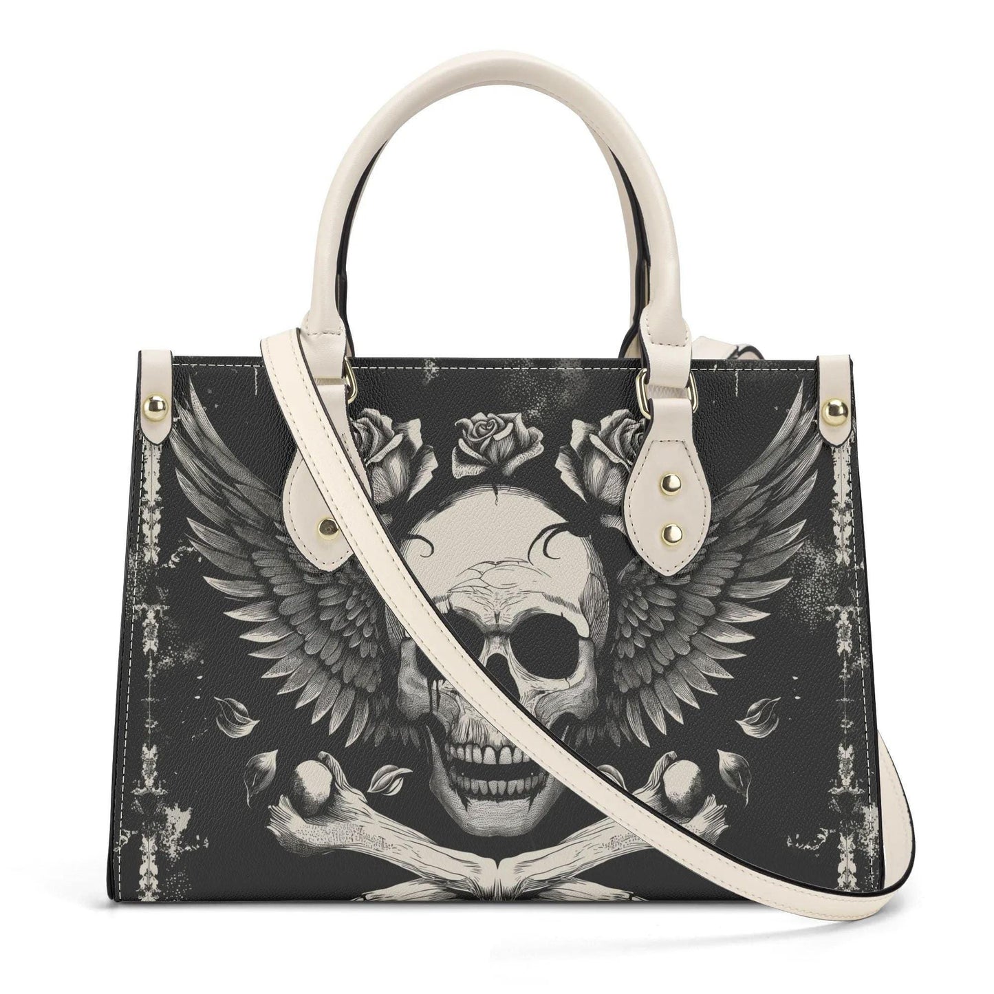 Bones and Skull Leather Tote Bag, Goth Wings Trendy Goth Handbag, Dark academia Vegan Leather Handbag Gift Black Purse, Whimsicore Handbag