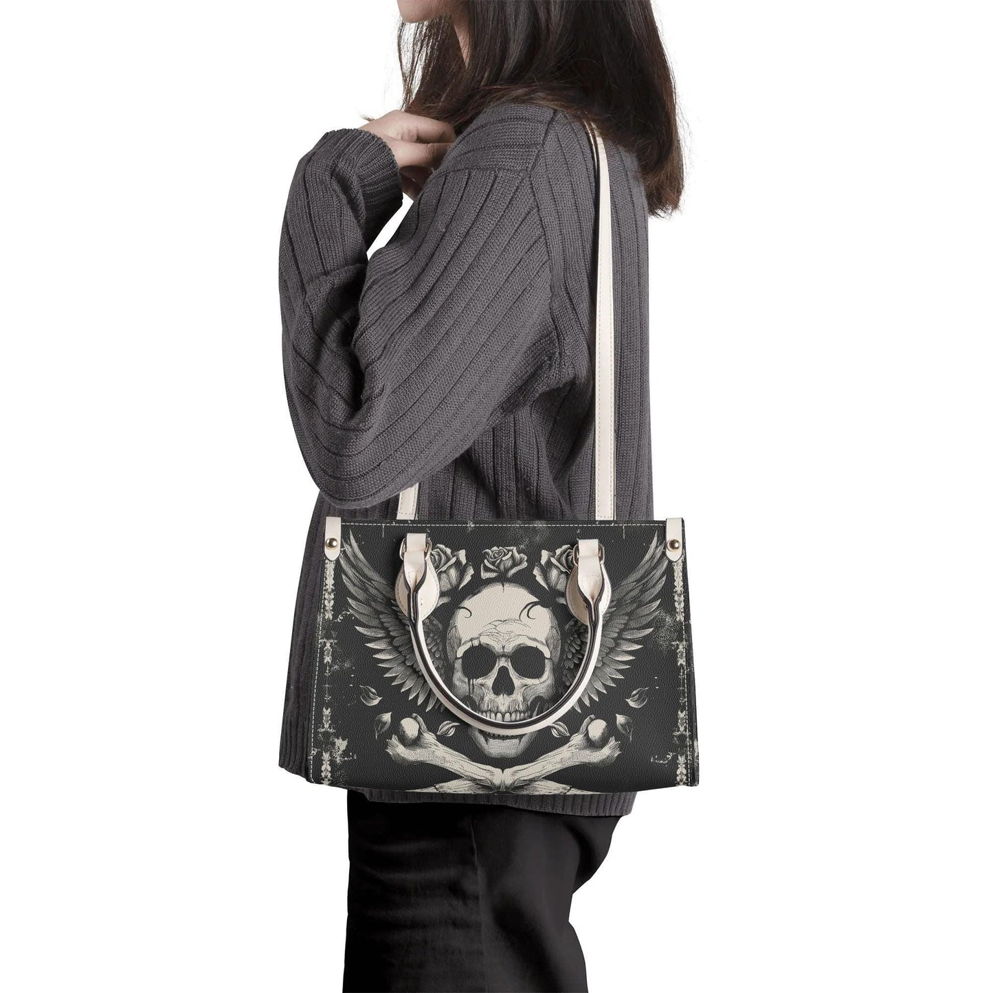 Bones and Skull Leather Tote Bag, Goth Wings Trendy Goth Handbag, Dark academia Vegan Leather Handbag Gift Black Purse, Whimsicore Handbag