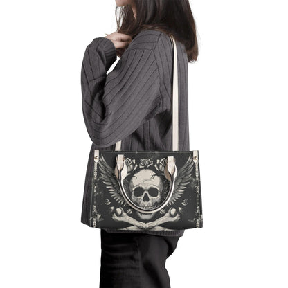 Bones and Skull Leather Tote Bag, Goth Wings Trendy Goth Handbag, Dark academia Vegan Leather Handbag Gift Black Purse, Whimsicore Handbag