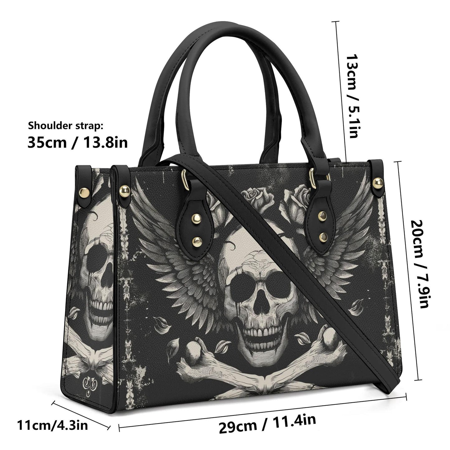 Bones and Skull Leather Tote Bag, Goth Wings Trendy Goth Handbag, Dark academia Vegan Leather Handbag Gift Black Purse, Whimsicore Handbag