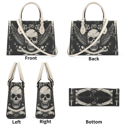 Bones and Skull Leather Tote Bag, Goth Wings Trendy Goth Handbag, Dark academia Vegan Leather Handbag Gift Black Purse, Whimsicore Handbag