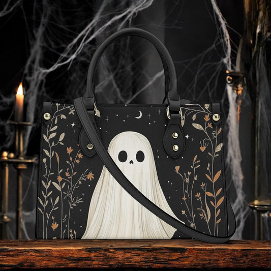 Cute Ghost PU Leather Tote Bag, Cottagecore witch Bag, Trendy Fashion Handbag, Dark academia Vegan Leather Handbag Black Halloween Purse