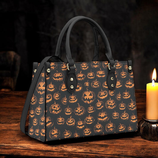Dark PU Leather Tote Bag, Cottagecore witch pumpkin Trendy Fashion Handbag, Dark academia Vegan Leather Handbag Gift Black Halloween Purse
