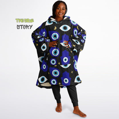 Unisex Evil Eye Print Snug Hoodie,Mykonos Eye Printed Hooded Blanket,Blanket Sleeves,Lounge Wear,Unique,Novelty Gift,Birthday Christmas Gift