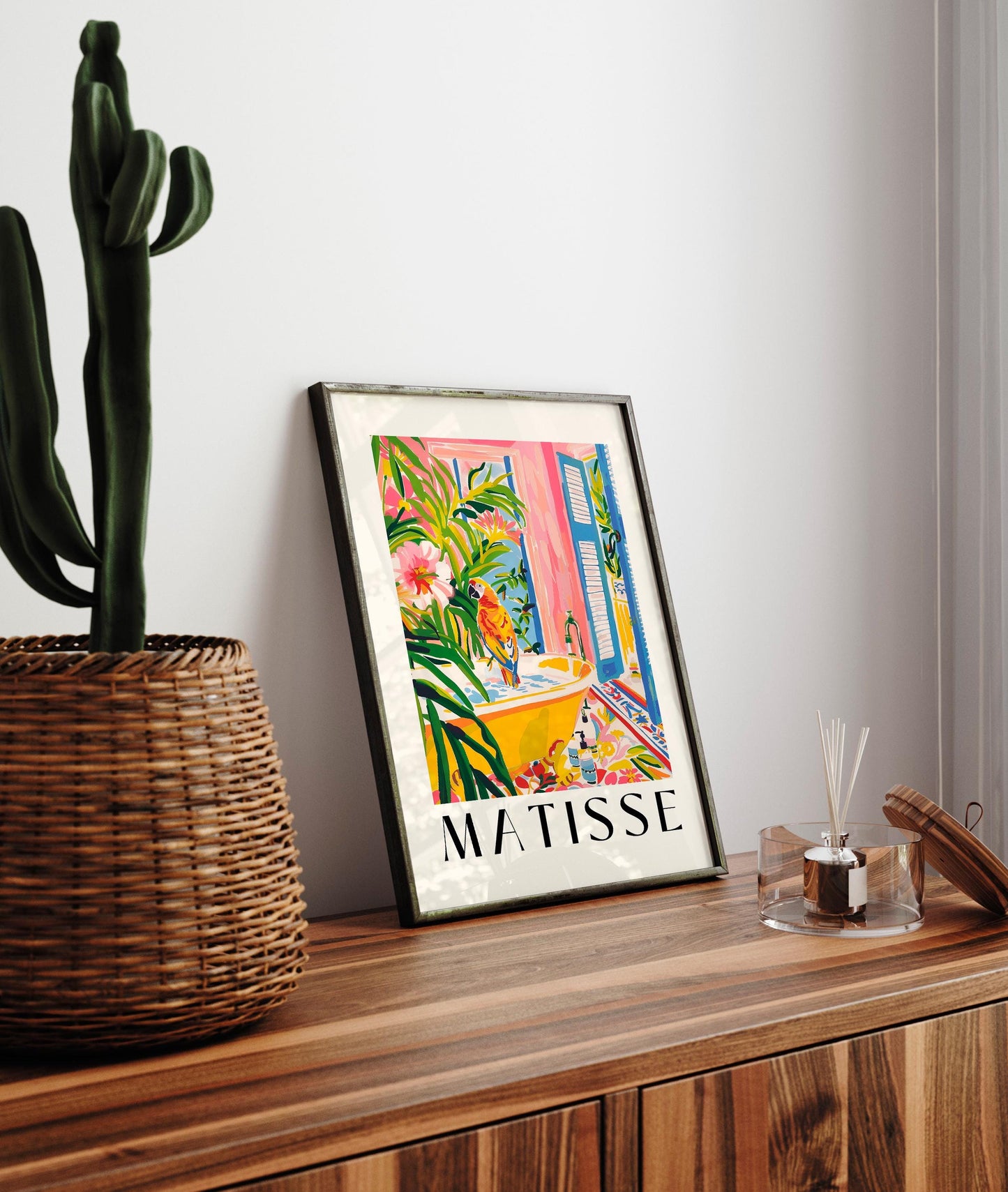Parrot in bathtub art print, Pink dopamine decor, Maximalist Matisse poster, Tropical print, Bathroom wall art, Bird art print