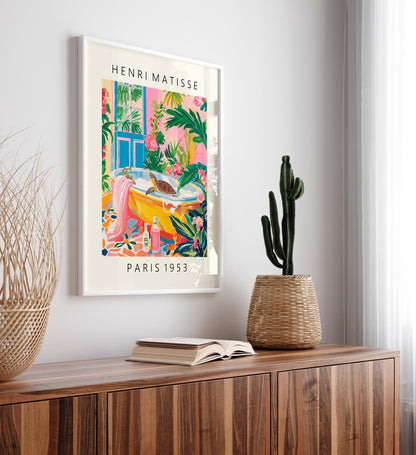 Turtle in Bathtub Art Print: Matisse Style Bathroom Dopamine Decor