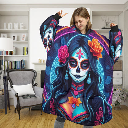 Day of the Dead Blanket Hoodie Día De Los Muertos Chicano Blanket