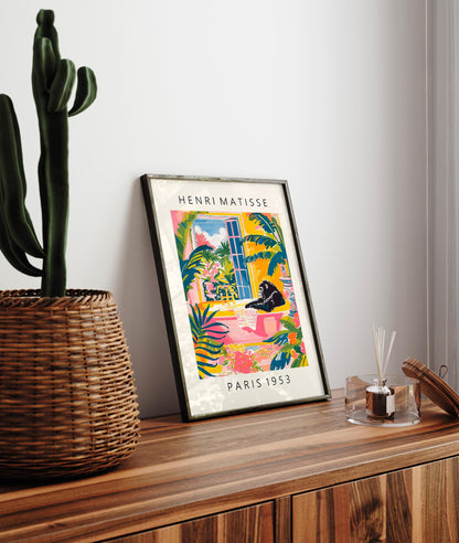 Gorilla in bathtub pink poster, Dopamine decor, Matisse style maximalist print, Tropical wall art