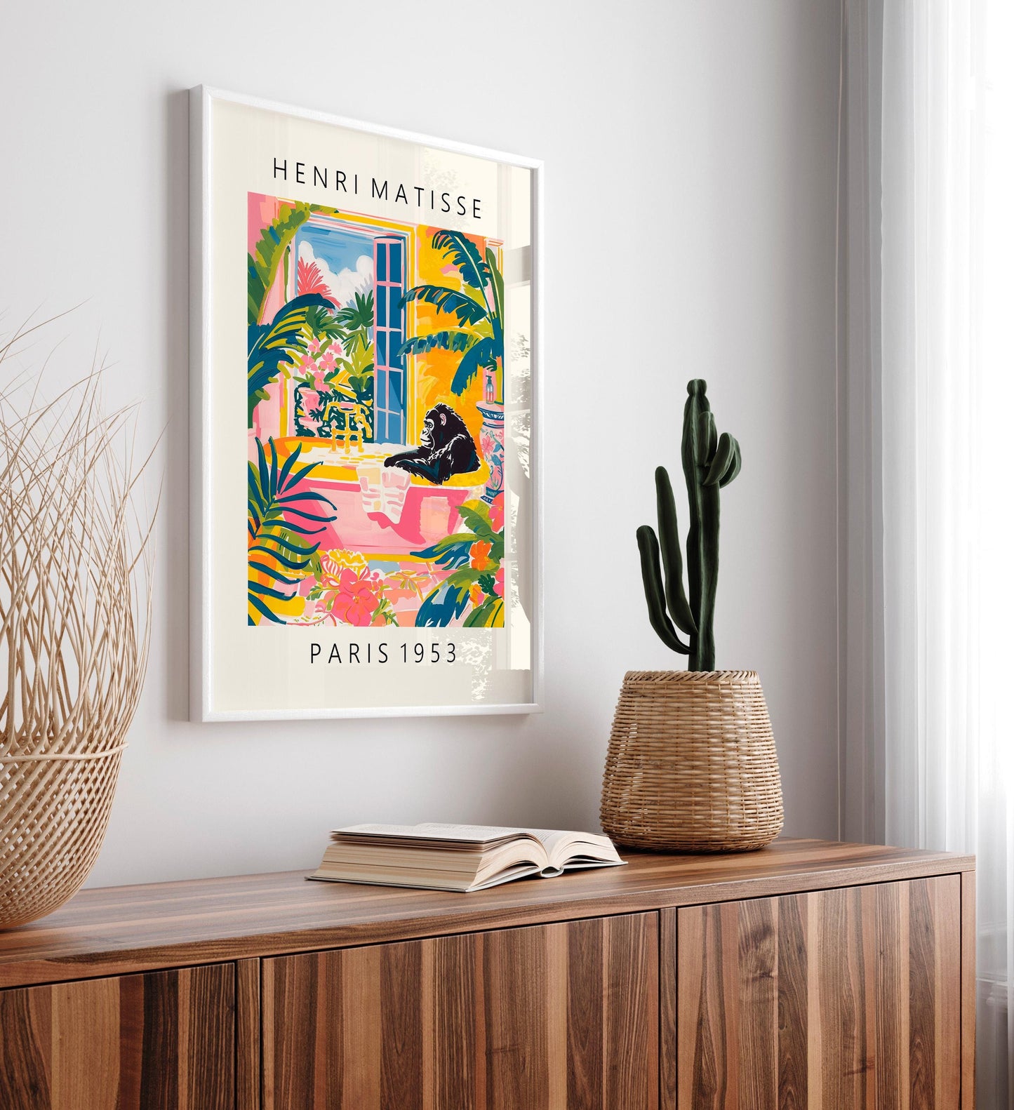 Gorilla in bathtub pink poster, Dopamine decor, Matisse style maximalist print, Tropical wall art