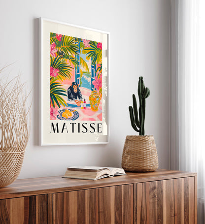 Matisse print, Chimpanzee in bathtub funny poster, Pink dopamine decor, Maximalist poster, Tropical wall art