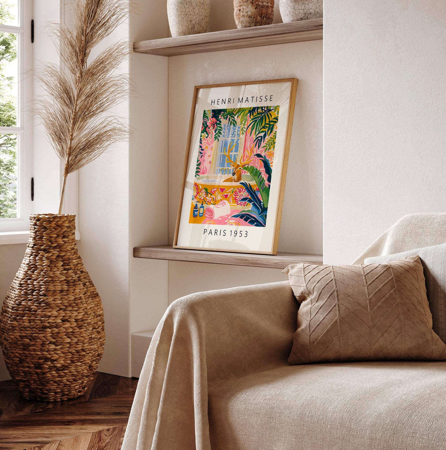 Deer in Bathtub Art Print: Maximalist Matisse Style Bathroom Wall Art