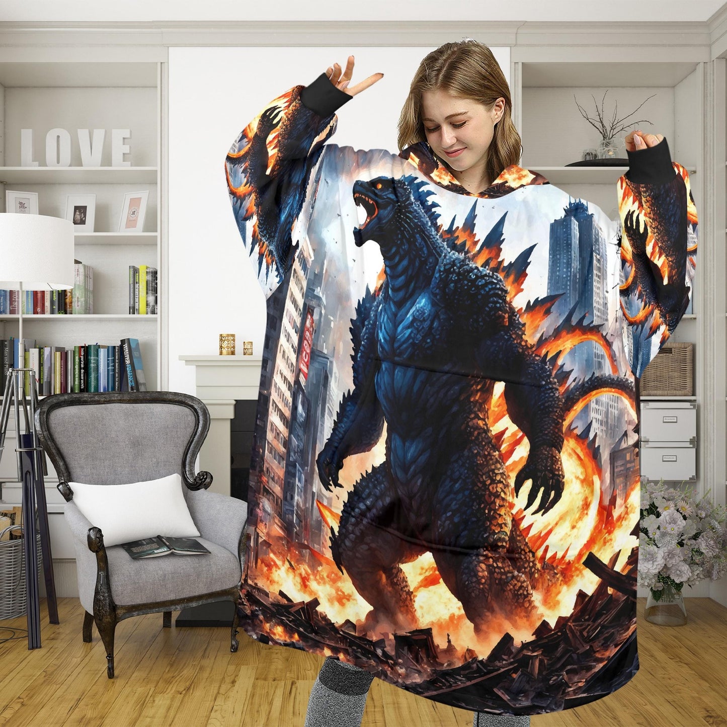 Godzilla Blanket Hoodie Retro Kaiju Monster Fleece Blanket