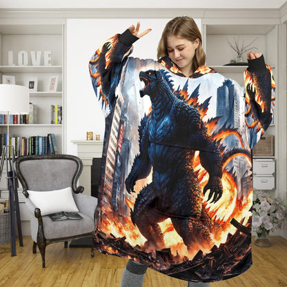 Godzilla Blanket Hoodie Retro Kaiju Monster Fleece Blanket
