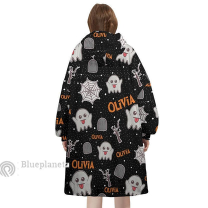 Custom Name Halloween Hoodies Blanket, Personalized Wearable Hoodie Blanket, Custom Ghost Spider Oversized Blanket