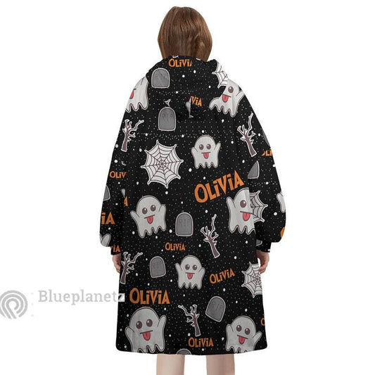 Custom Name Halloween Hoodies Blanket, Personalized Wearable Hoodie Blanket, Custom Ghost Spider Oversized Blanket