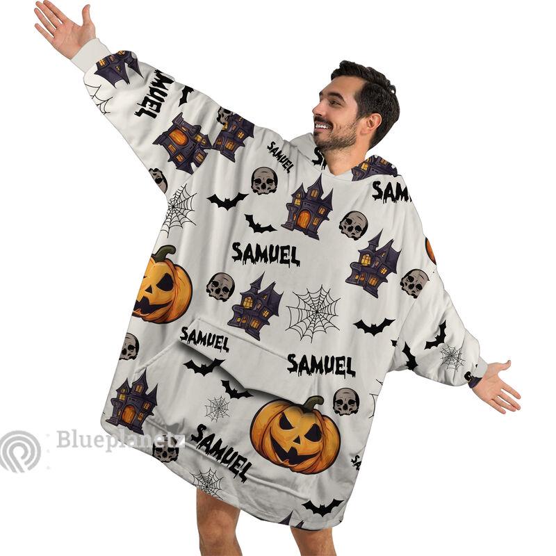 Custom Name Halloween Hoodies Blanket, Personalized Wearable Hoodie Blanket, Custom Pumpkin Haunted House Skull Oversized Blanket