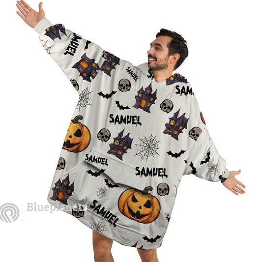 Custom Name Halloween Hoodies Blanket, Personalized Wearable Hoodie Blanket, Custom Pumpkin Haunted House Skull Oversized Blanket