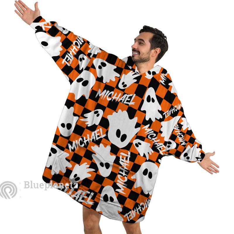 Custom Name Halloween Hoodies Blanket, Personalized Wearable Hoodie Blanket, Custom Ghost Oversized Blanket