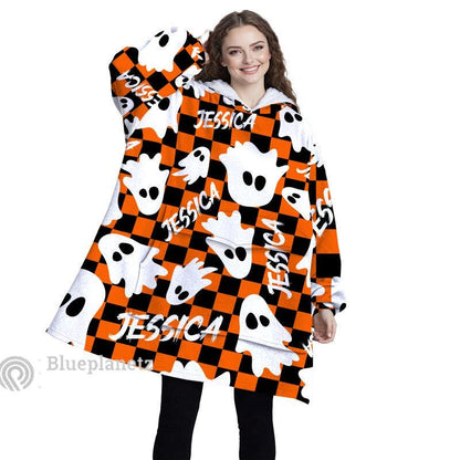 Custom Name Halloween Hoodies Blanket, Personalized Wearable Hoodie Blanket, Custom Ghost Oversized Blanket
