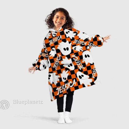 Custom Name Halloween Hoodies Blanket, Personalized Wearable Hoodie Blanket, Custom Ghost Oversized Blanket