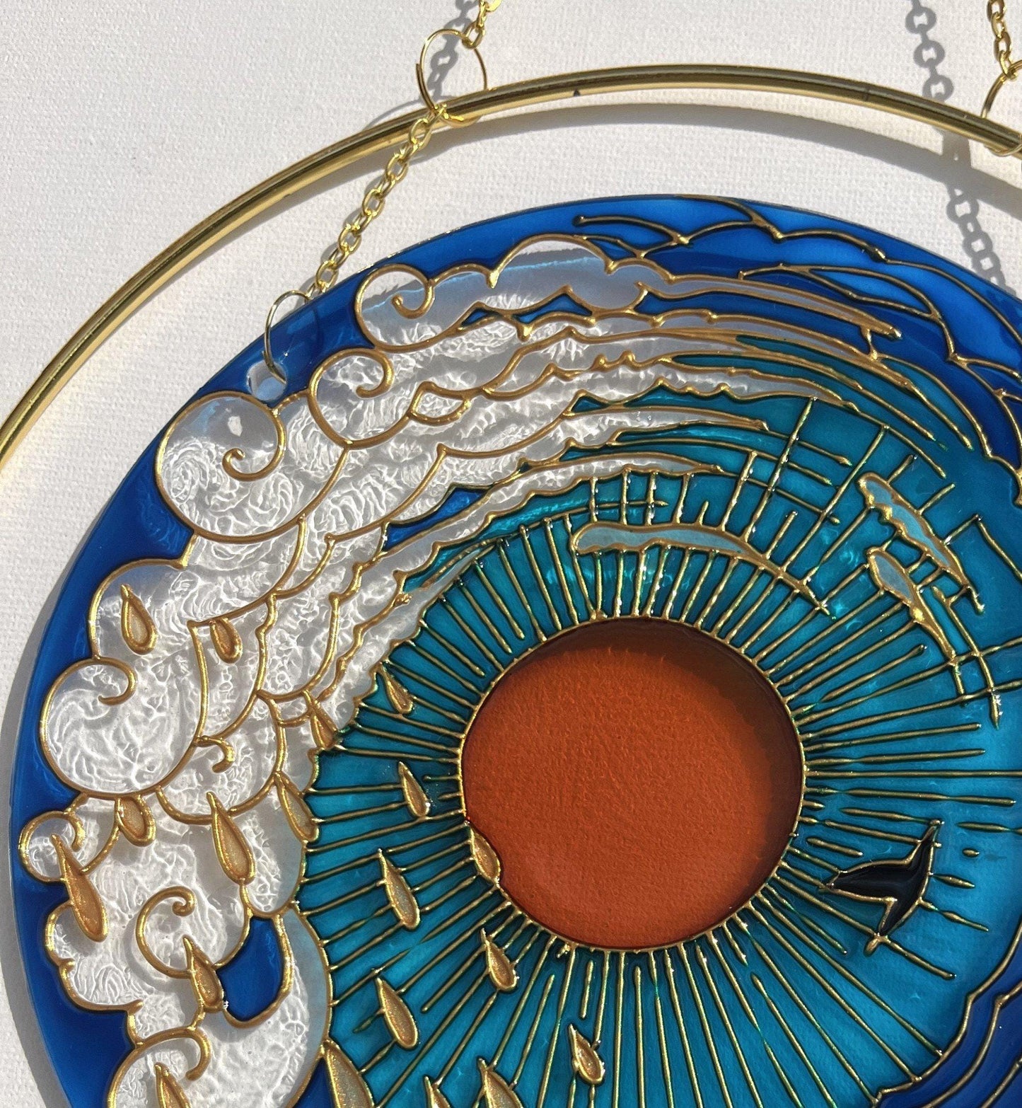 Stained glass suncatcher Sea mood Sun Cloud Bird Unique painting Cute gift