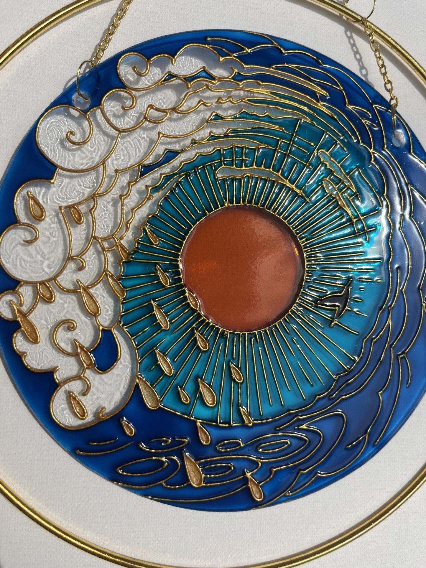 Stained glass suncatcher Sea mood Sun Cloud Bird Unique painting Cute gift