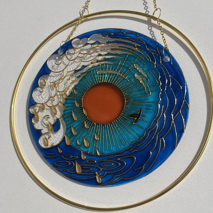Stained glass suncatcher Sea mood Sun Cloud Bird Unique painting Cute gift