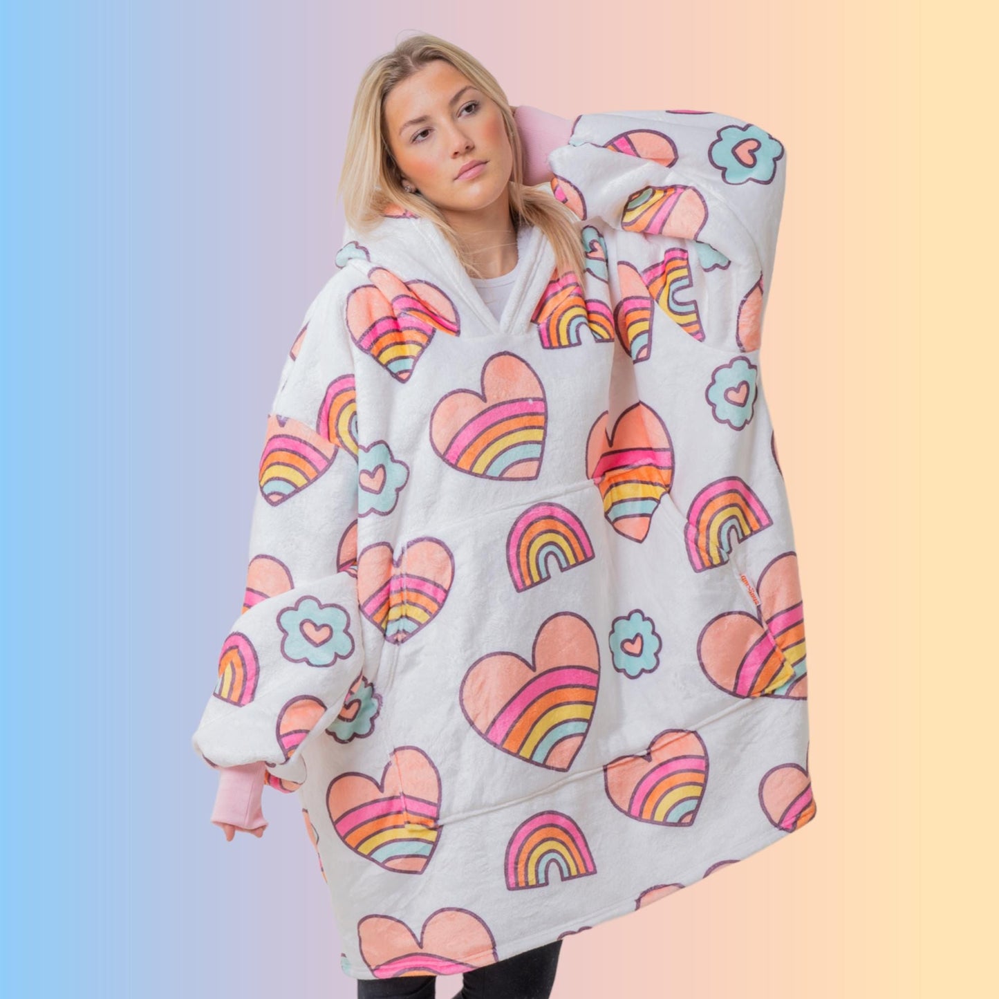 Rainbow Heart Hoodie Blanket Oversized Thick Sherpa Hoodie Snugclub One Size