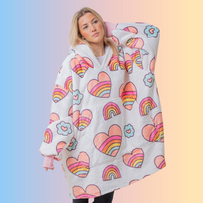 Rainbow Heart Hoodie Blanket Oversized Thick Sherpa Hoodie Snugclub One Size