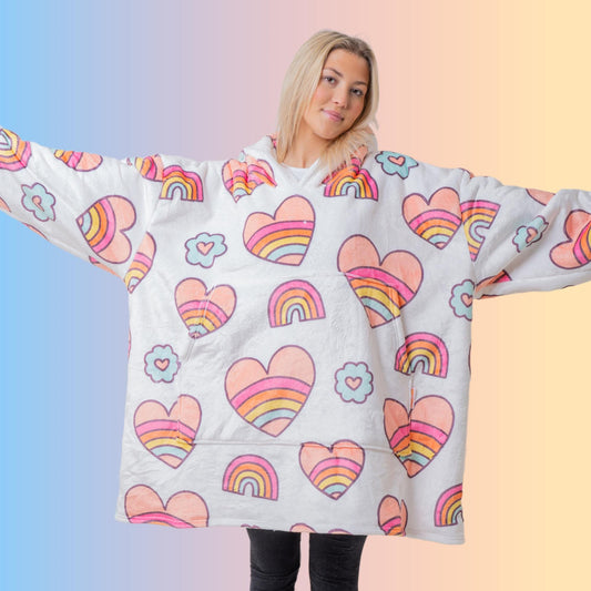 Rainbow Heart Hoodie Blanket Oversized Thick Sherpa Hoodie Snugclub One Size