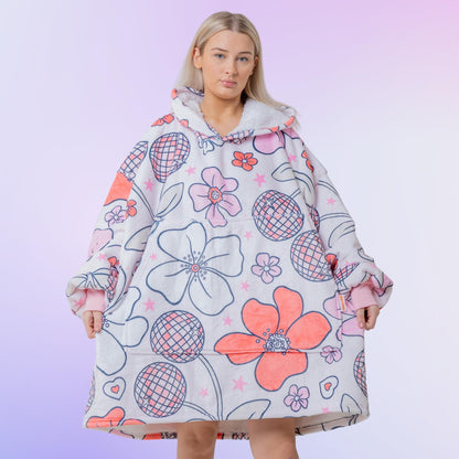 Cherry Flowers Retro Hoodie Blanket Oversized Thick Sherpa Hoodie Snugclub One Size