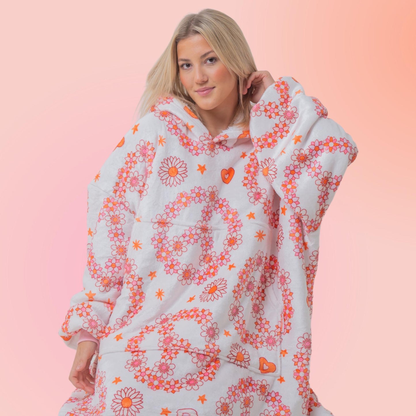 Peace Sign Flower Bohemian Hoodie Blanket Oversized Thick Sherpa Hoodie Snugclub One Size