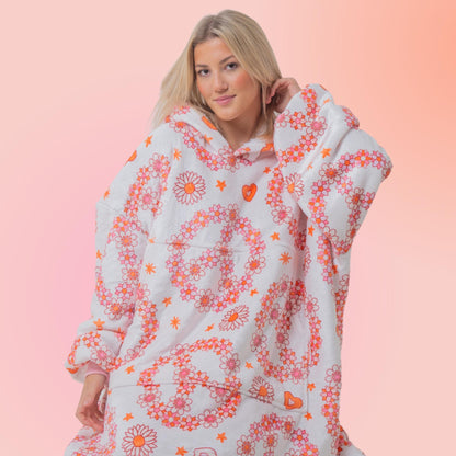 Peace Sign Flower Bohemian Hoodie Blanket Oversized Thick Sherpa Hoodie Snugclub One Size