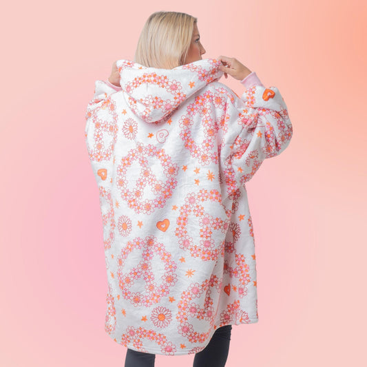 Peace Sign Flower Bohemian Hoodie Blanket Oversized Thick Sherpa Hoodie Snugclub One Size