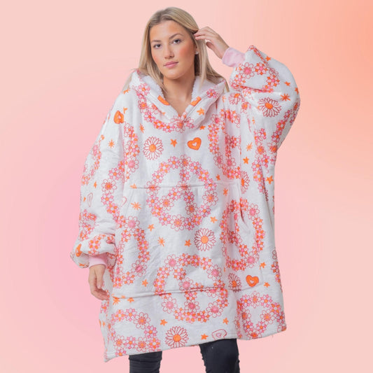 Peace Sign Flower Bohemian Hoodie Blanket Oversized Thick Sherpa Hoodie Snugclub One Size